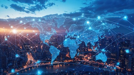 Fototapeta premium A futuristic cityscape showing a global network of technology and business connectionsGraphic depicting the journey of a small business from concept to reality, highlighting key milestones and challen