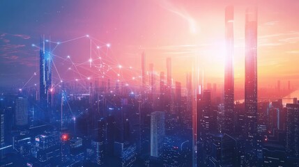 Fototapeta premium A futuristic cityscape showing a global network of technology and business connectionsGraphic depicting the journey of a small business from concept to reality, highlighting key milestones and challen