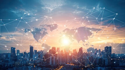 Fototapeta premium A futuristic cityscape showing a global network of technology and business connectionsGraphic depicting the journey of a small business from concept to reality, highlighting key milestones and challen