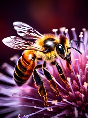 Macro shot of a honeybee (Apis mellifera) collecting pollen, highlighting the fine details of its fuzzy body