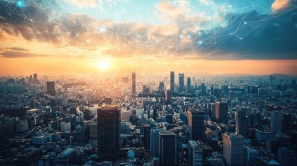 Fototapeta premium A futuristic cityscape showing a global network of technology and business connectionsGraphic depicting the journey of a small business from concept to reality, highlighting key milestones and challen