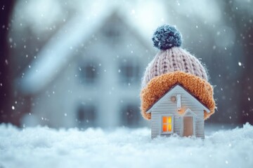A small toy house covered in snow with a hat on top, perfect for winter scenes and children's play areas