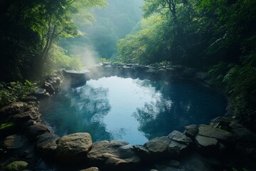 Relaxing in a serene natural hot spring surrounded by lush greenery in a misty forest at dawn