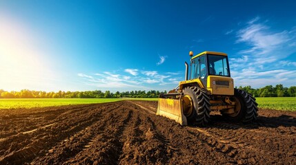 Obraz premium A vibrant agricultural scene featuring a yellow tractor working the soil under a clear blue sky and bright sunlight.