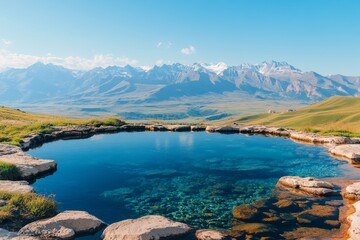 Fototapeta premium Natural hot spring nestled in stunning mountain landscape during a sunny day, offering a peaceful escape in the wilderness