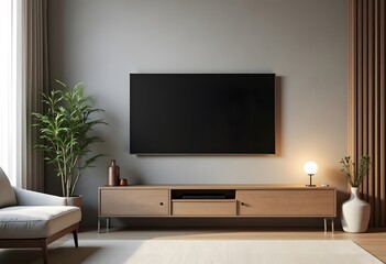 LED TV on the gray wall in living room,minimal design,3d rendering
