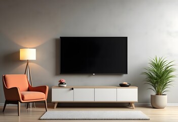 LED TV on the gray wall in living room,minimal design,3d rendering
