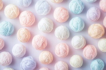 A pastel-colored background featuring balls of yarn, arranged in an organized pattern on the surface. 