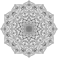 Detailed black mandala lines on a white background.