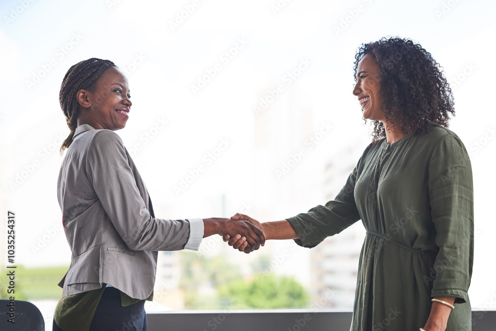 Poster Employees, shaking hands and office for intro, thank you and investment in company development. Partnership, women and investor for collaboration in mission progress, congratulations and support