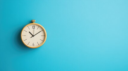 Yellow analog clock on blue background showing 10:10
