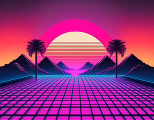 80s retro futuristic background with glowing neon grid, palm trees and mountains silhouetted against a sunset