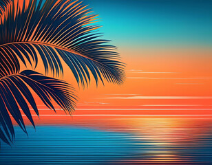Palm tree leaves are silhouetted against a vivid orange sunset sky over a blue ocean