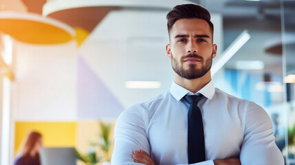 A business person standing in a modern startup office, surrounded by young entrepreneurs and dynamic energy