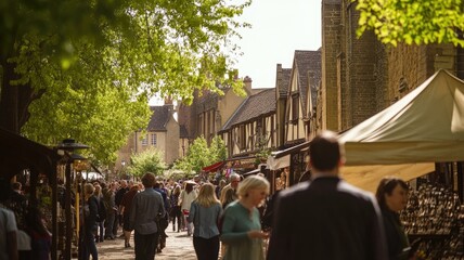 Obraz premium Busy outdoor market with people shopping along tree-lined street