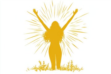 Woman standing in golden light arms raised in joy amid radiant sunbeams symbolizing empowerment freedom and spiritual awakening ideal for wellness and motivational designs