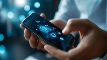 A business person using a smartphone to control smart devices in a modern office, representing seamless technology integration
