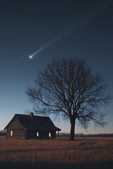 Fototapeta premium A comet, bright in the night sky, over an old wooden house and a large tree. A vast field is seen below the cabin. 