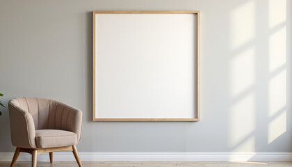 A mockup of a blank poster frame in a living room setting. The frame is wooden and the wall is a light grey. There is a pink armchair in the foreground, with natural light streaming through the window