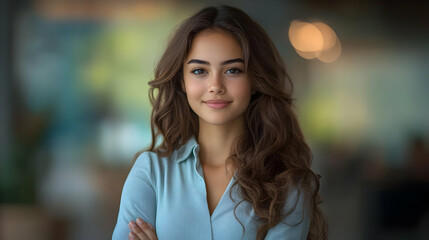 Obraz premium Smiling Woman with Long Brown Hair and Blue Shirt