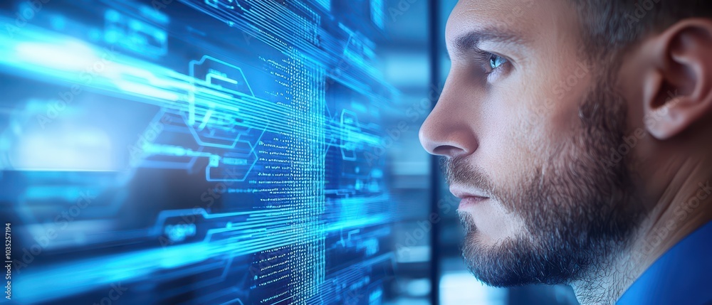 Poster focused man analyzing digital data displayed on a screen in a modern tech environment.