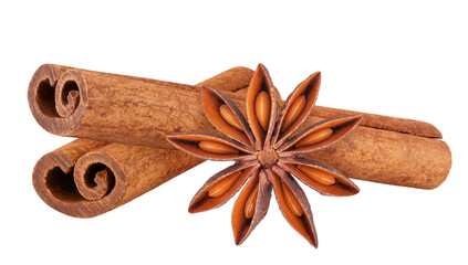 Star anise and cinnamon sticks isolated on white background. Aromatic spice for cooking and baking. Seasoning for autumn and winter holiday recipes.