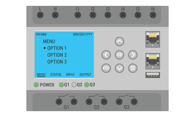 Programmable logic controller for DIN rail mounting. PLC controller for electric illustrations or control schemas