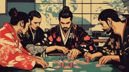 Traditional samurai gambling woodblock print with artistic flair