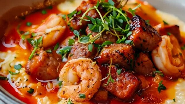 Shrimp and grits with spicy sausage, Video