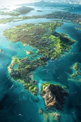 Fototapeta premium A realistic aerial view of the immense island, with cities in sight on either side. The ocean is blue-green, with small islands scattered around it.