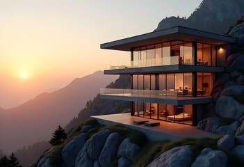 Modern Residential House at Sunset A Contemporary Landscape Featuring Glass Balconies