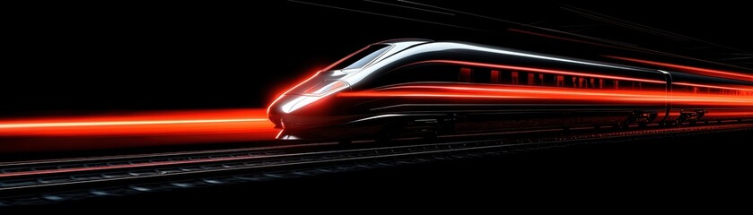 Fototapeta premium Futuristic high-speed train moving on tracks with vibrant light streaks, isolated on black background.