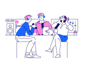 People recording podcast in sound studio