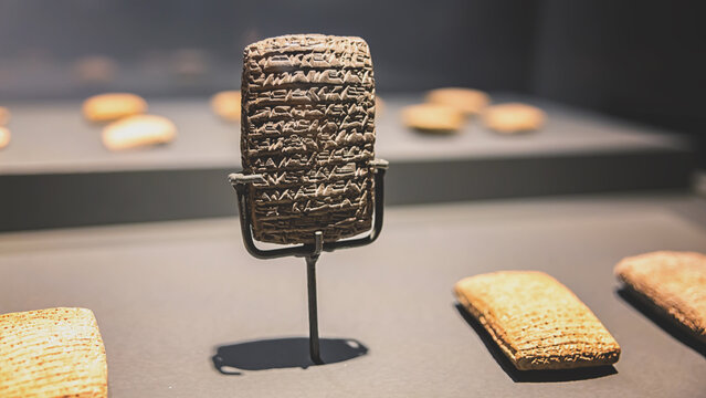 Ancient cuneiform tablet displayed in the Kaiseri Museum, highlighting intricate details of early writing systems on clay in a historical setting. June 14, 2023. Kayseri, Turkey (Turkiye)