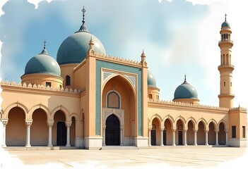 Obraz premium Morning view of beautiful ancient sandstone and marble landmark Badshahi mosque and courtyard built by mughal emperor Aurangzeb in Lahore, Punjab, Pakistan 