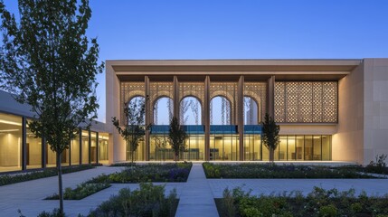 Obraz premium Modern building with intricate facade and garden.