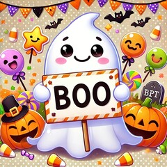 Cute Ghost Holding "Boo" Sign with Halloween Candy
