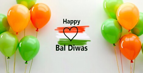 Happy Bal Diwas greeting card.  Children's Day in India. Green and orange ballons on beige pastel background. Holiday banner. Copy space.