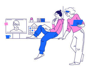 Women discussing work at an online meeting in the office