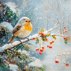 Winter scene featuring a small robin perched on a snow-covered branch adorned with bright red berries. Festive and serene atmosphere. Peaceful beauty of winter. Oil painting
