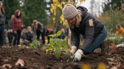 Woman plants sapling in dirt with gloves.