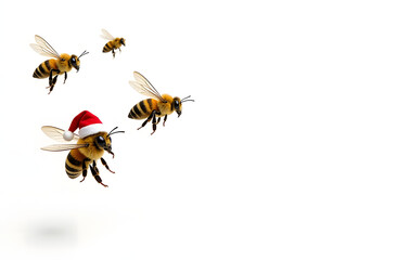 Bees in Santa hat on white background