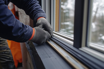 A construction worker seals a window during winter renovation in a cozy home, ensuring energy efficiency and comfort indoors. Generative AI