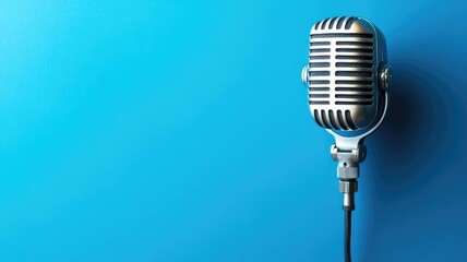 Fototapeta premium Retro-style microphone with metallic finish on blue background