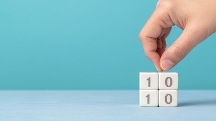 Hand placing number blocks on a blue background, representing counting and evaluation.