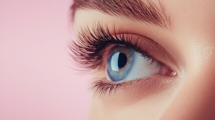 Obraz premium Close-up of blue-eyed Caucasian woman with long, thick eyelashes