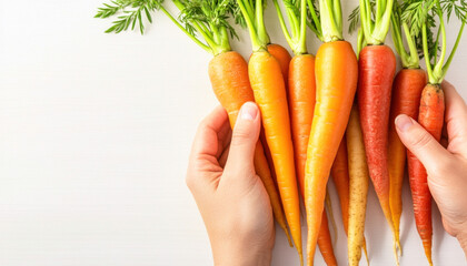 Hands holding freshly harvested orange and yellow carrots - Powered by Adobe