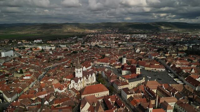 Aerial view of Catedrala Evanghelică "Sf&acirc;nta Maria" in Sibiu city, Romania. Transylvania.