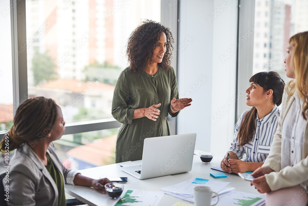 Poster manager, training and team of business women in meeting, coaching or learning in creative startup. g