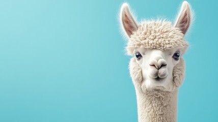 Fototapeta premium Fluffy alpaca against blue background, looking forward